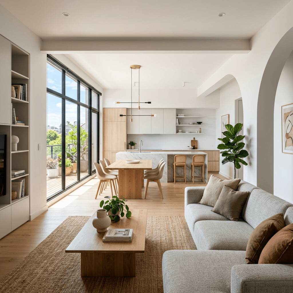 Open-plan living and kitchen area with large windows, light wood furniture, and neutral colors