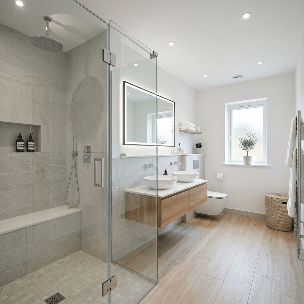 Modern bathroom with glass shower, floating wooden vanity with two vessel sinks, and a window with a potted plant