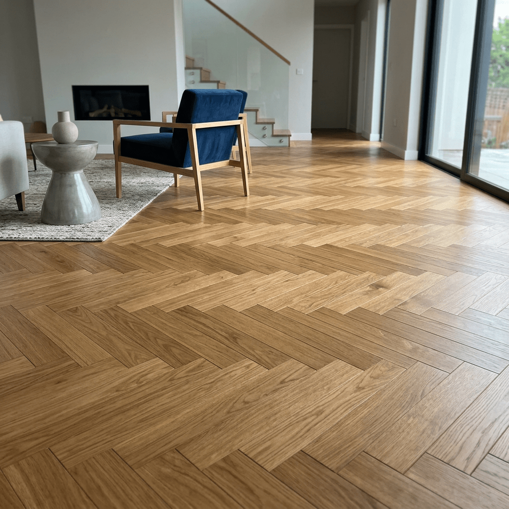 Living room with light brown herringbone wood floor, blue armchair, gray side table, and glass sliding door