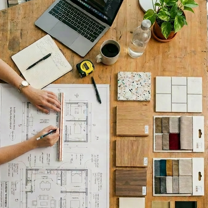 Architect measuring and drawing on a detailed architectural floor plan with material samples and laptop on desk